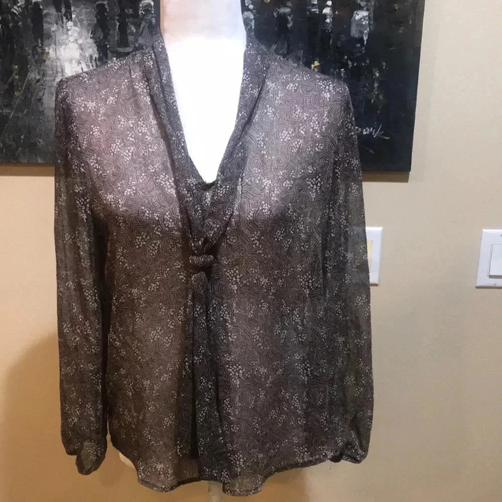 Elegant Sheer Brown Floral Blouse with Tie at Neckline